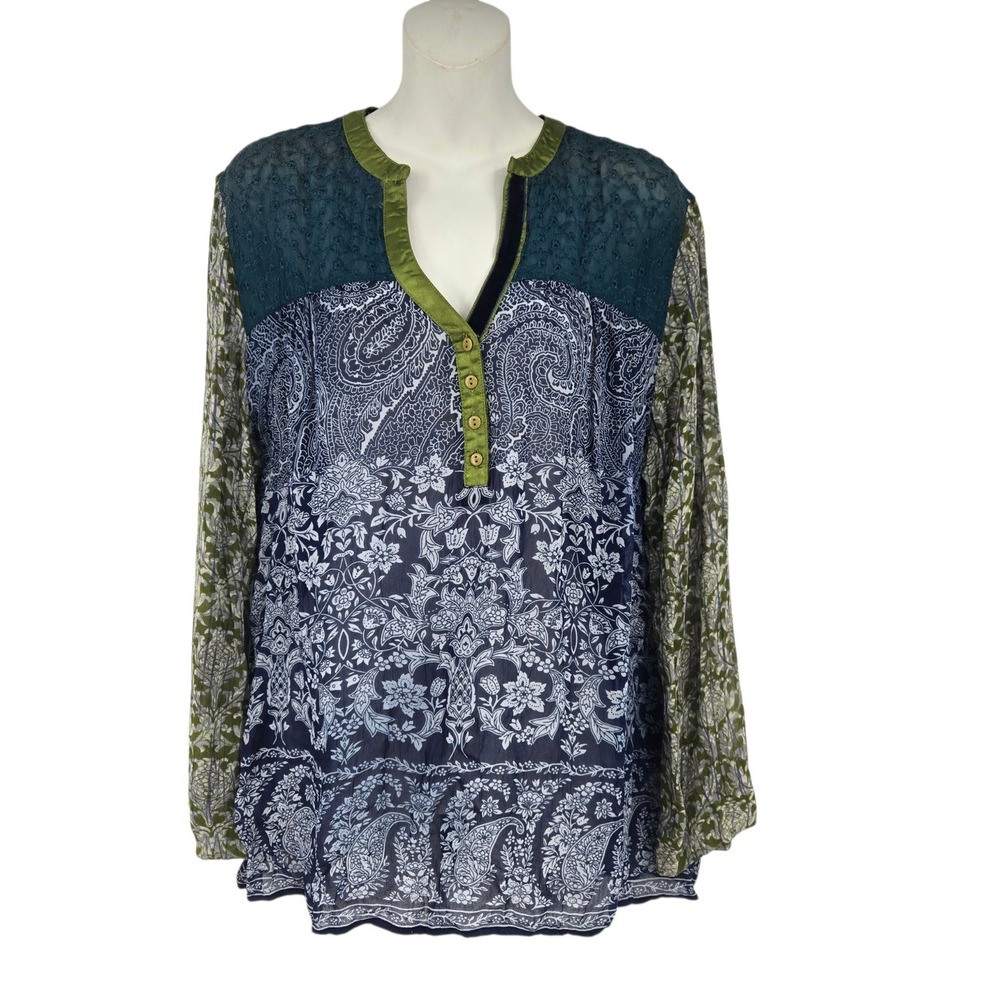 Bila Tunic Top Womens XL Paisley Floral Mixed Print Boho Rayon V-Neck Artsy